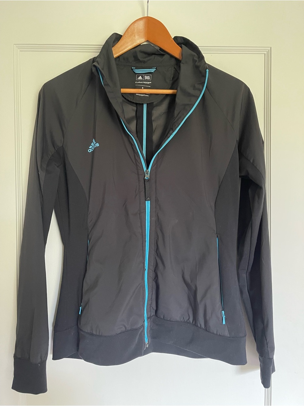 adidas Black Hooded Bomber Jacket with Blue Trim